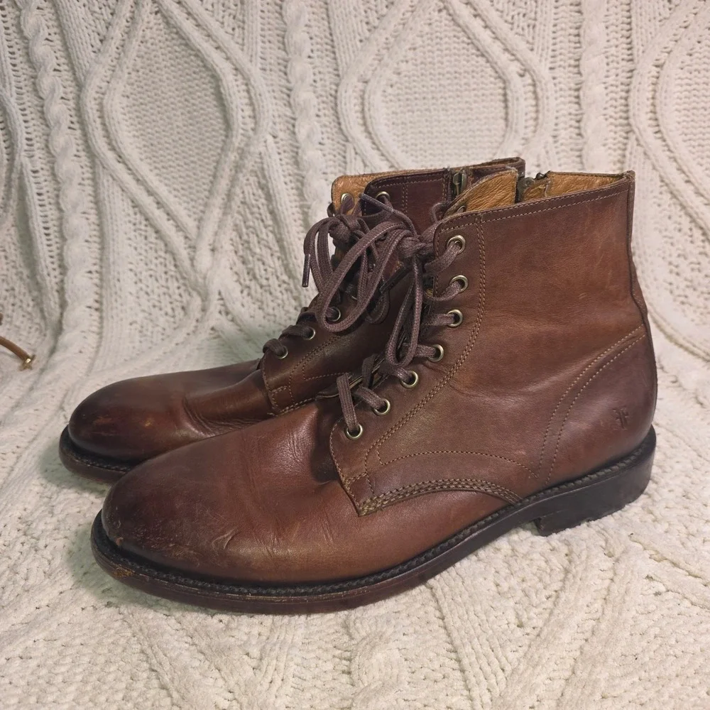 Frye Bowery Lace Up Vintage Style Boots Distressed Brown Leather Mens 10 D